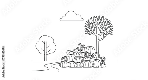 A picturesque scene unfolds with winding paths leading to a cluster of lush green trees and bushes under a clear sky.