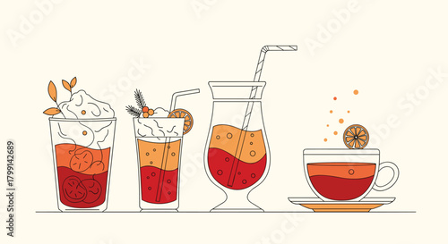 A collection of stylized layered beverages including drinks with whipped cream and a steaming cup of coffee.