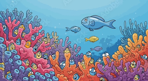 Coral reef with colorful corals and various fish swimming around.