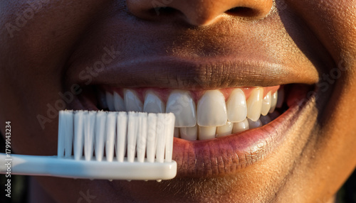 Close-up of a person's white teeth being brushed with a toothbrush for a bright smile