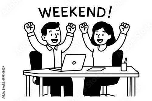 Man and woman in the office celebrating coming weekend on Friday