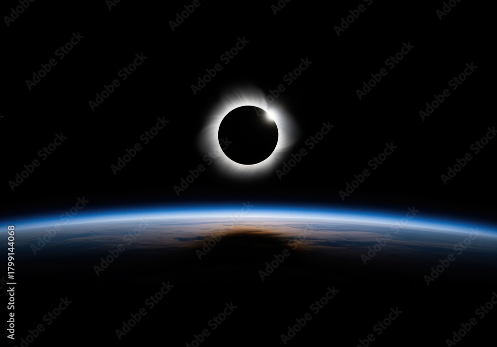 Obraz premium High contrast view of a total solar eclipse casting a shadow on earth from space