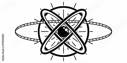 Stylized atom symbol with orbiting rings and a central eye design in black and white illustration