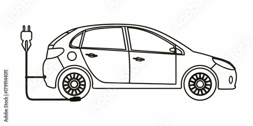 Illustration of a white electric car charging with a cable plugged into the back side view simple line art