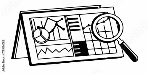 Illustration of a desk calendar with graphs and a magnifying glass for data analysis and visualization