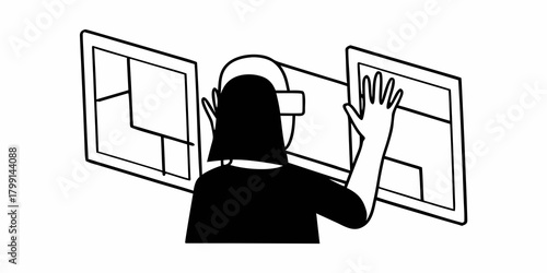 Person using virtual reality headset interacting with screens showing puzzle like shapes in black and white