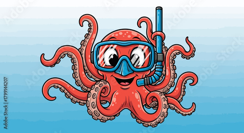 Cartoon octopus wearing snorkel and goggles, ready for diving.