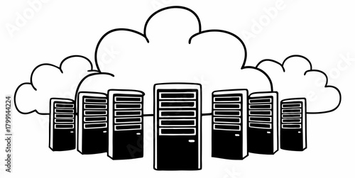 Illustration of a cloud computing network with server racks connected to a cloud system design