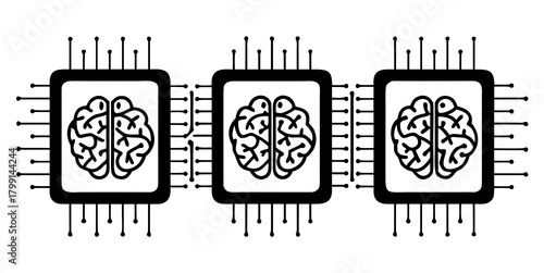 Three black and white brain icons inside computer chips connected with small vertical lines design