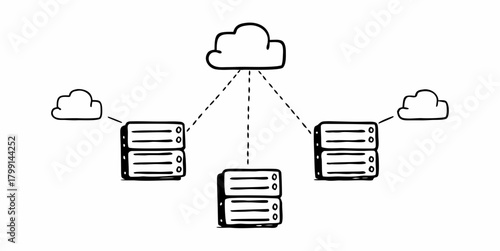 Illustration of cloud computing network with three servers connected to cloud storage system