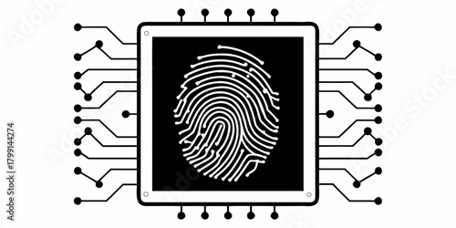 Illustration of a fingerprint inside a chip with circuit connections in black and white design style