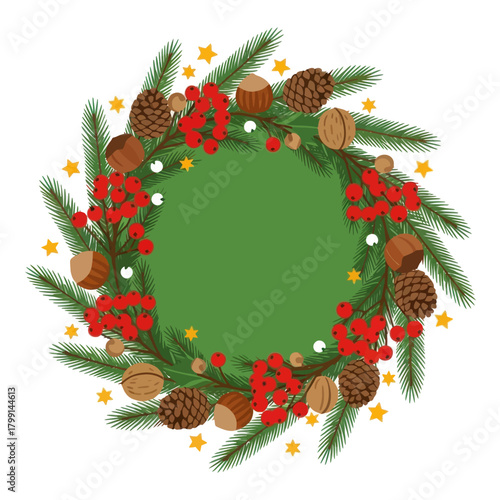 Festive wreath with pine branches, rowan berries, nuts, and pine cones on white.