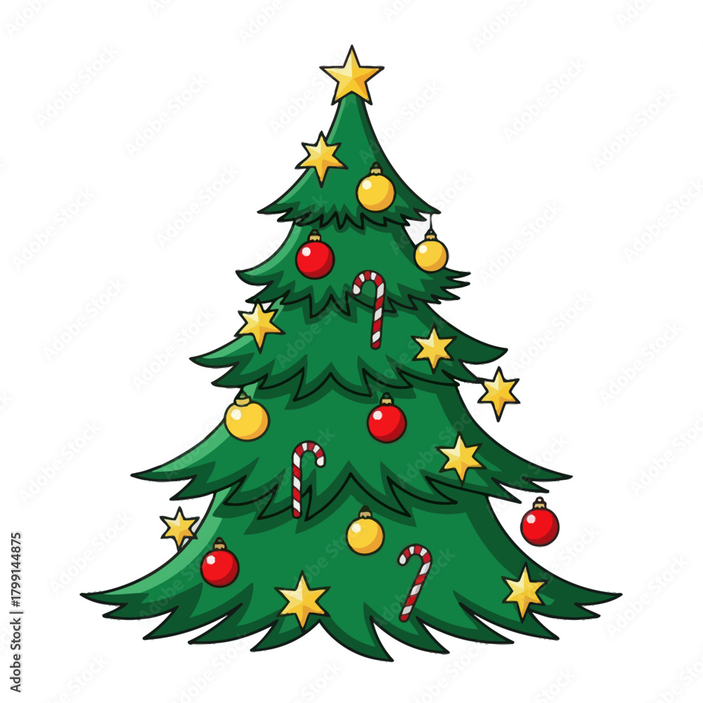 Fototapeta premium Decorated christmas tree with star, candy cane and ornaments. Holiday vector illustration.