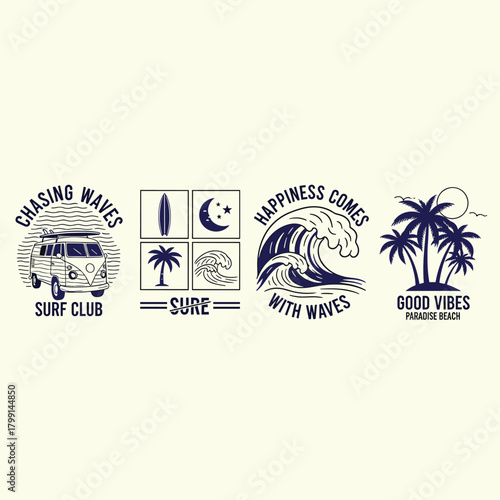 A collection of surfthemed designs featuring waves, palm trees, and a vintage van, evoking a sense of beach life and adventure isolated on