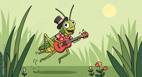 Cartoon grasshopper playing guitar, wearing hat and shirt, in a grassy field.