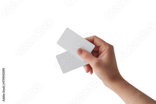 Hand delicately holding blank white cards for mockup, perfect for business or personal use templates