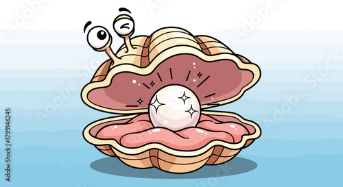 Cartoon illustration of an oyster with a pearl inside.
