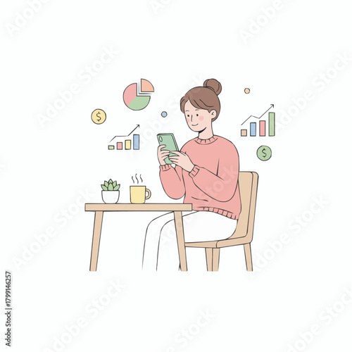 Young Woman Managing Personal Finance and Stock Market Investments via Mobile Phone App at Home