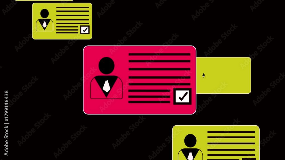 Overlapping Cards Animated colorful ID cards featuring overlapping person icons and text ...
