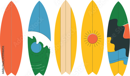 Colorful surfboard collection with summer designs
Vector illustration of five vibrant surfboards with unique summer-themed patterns, ideal for beach, surfing, and tropical design concepts.
