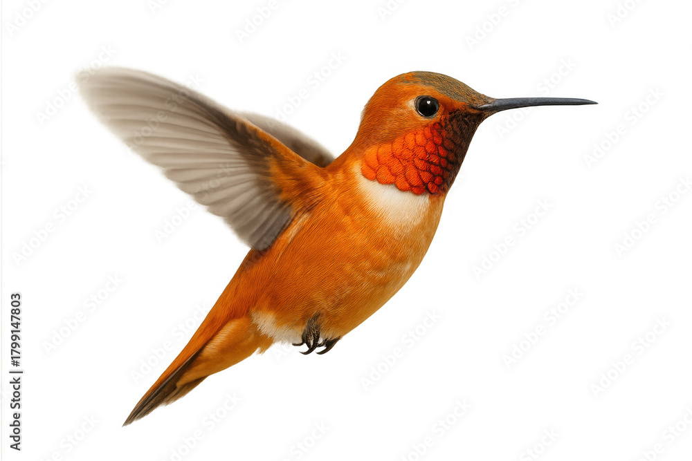 Obraz premium Rufous hummingbird male in flight with orange iridescent gorget and feathers, wings beating, transparent background