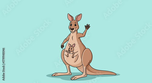 Cartoon kangaroo with joey in pouch waving its hand on a blue background.