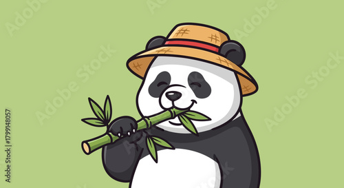 Cartoon panda bear wearing a straw hat and eating bamboo on a green background.