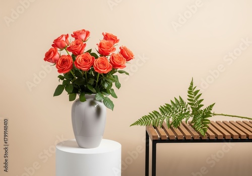 Wallpaper Mural Elegant bouquet of coral roses in a gray vase on a pedestal with a fern leaf Torontodigital.ca