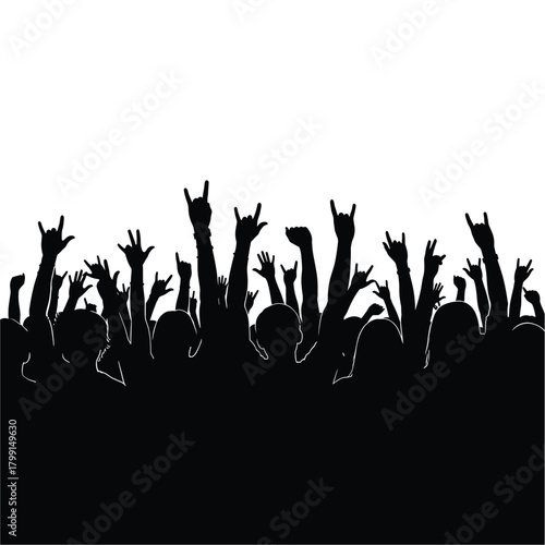 A crowd of people silhouetted against a, their hands raised in the air, making the rock and roll hand gesture isolated on