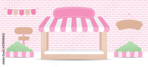 cute kawaii style shop display with awning and signage on white floor and sweet pastel pink brick wall background illustration vector