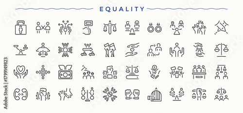 Equality line icon set. It contains symbols to judgment, justice, lawyer, courthouse, crime, court, legal and more. Judgement vector icon set. Line icons with editable stroke. Vector collections.