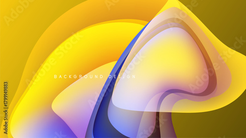 Abstract fluid shapes, vibrant yellow hues dominate design. Purple accents create contrast against dark background. Modern, dynamic composition.