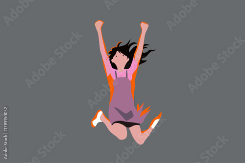 Young Woman's Joyful Celebration Leap on Grey Background