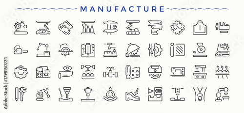 Manufacture icon set. Collection of simple line web icons. Manufacture icon set. Containing warehouse, conveyor, industry, machine, machinery and more.