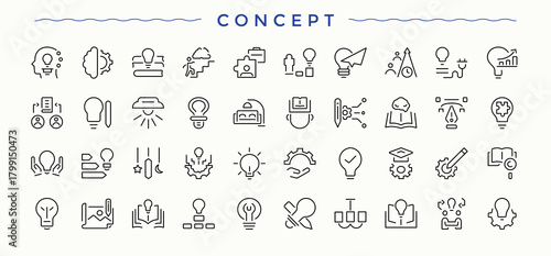 Concept linear icon set. Minimalist linear icons. It contains symbols to creative, brain, plan, innovation, intelligence, ai. Editable vector stroke. Thinking icon collection.