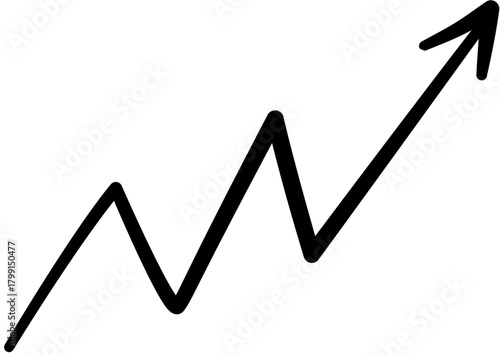 Hand-drawn upward trending arrow icon representing growth, success, and financial progress. Simple doodle sketch of a rising line graph for business reports and presentations