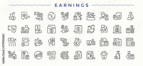 Earnings modern icon set. Web icons pack. Vector illustration in modern line style. Currency vector line icon set. Containing finance, salary, payment, revenue, accounting and more.