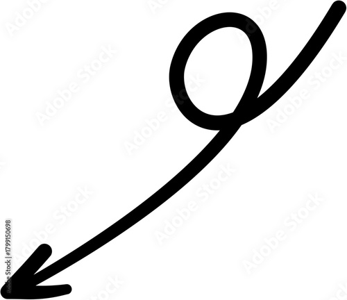 Simple doodle of a curved arrow with a loop. Hand-drawn sketch style pointer icon for indicating direction, downward movement, or a circular concept. Vector graphic