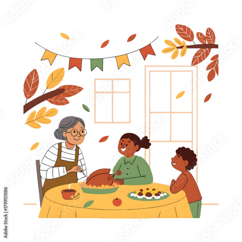 Grandma Carving Turkey with Happy Grandkids at Cozy Thanksgiving Dinner Table Illustration Vector