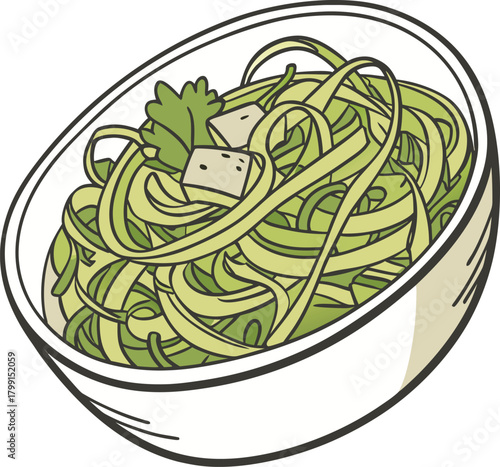 Bowl of zucchini noodles with tofu and parsley isolated on