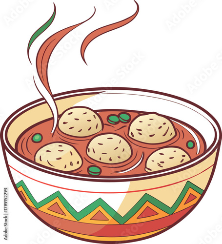 Bowl of hot meatball soup with steam isolated on