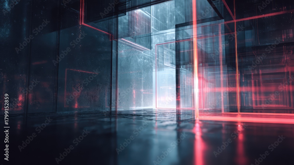 Fototapeta premium Futuristic dark room with glowing red neon frames