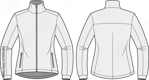 Women’s fitted jacket technical flat sketch, front and back view, sportswear outerwear vector template, fashion CAD drawing apparel design illustration