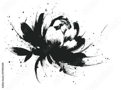 Black ink peony painting – traditional Asian sumi-e flower art with expressive brush strokes