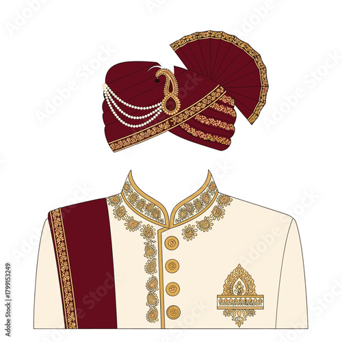 Elegant indian groom attire isolated on, featuring a maroon and gold sherwani with intricate embroidery and a matching turban for a traditional wedding look