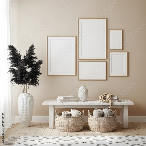 Interior design elements, a display of framed art or photos above a bench, a chic home decor. Embracing natural materials, the scene evokes a sense of tranquility and warmth, enhancing the space.