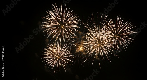 Golden starbursts illuminate dark night sky fireworks