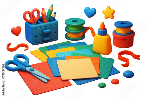 Assorted school and craft supply items in colorful cartoon style on white background, concept of creativity and education tools. Ai generative
