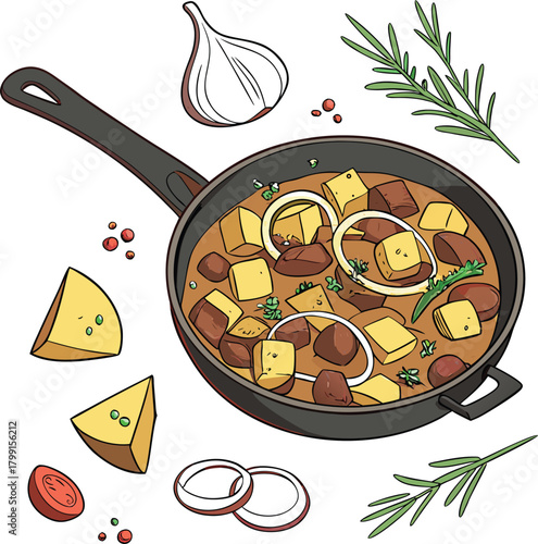 Beef stew with potato and onion isolated on illustration