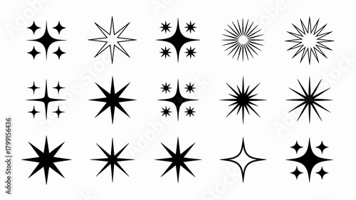 Set of diverse sparkle and star icons representing shine, glow, and magic effects. vector graphic elements for design projects